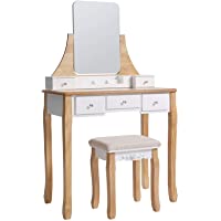 VASAGLE Tocador Moderno- Mesa de Maquillaje con 1 Taburete- Espejo Giratorio 360°- 5 Cajones- Bandeja de Maquillaje…